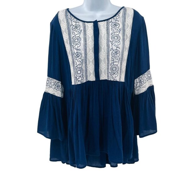Lace Flutter Peasant Ruffle Sleeve Blue White Blouse Top Tunic New Directions - Picture 2 of 7